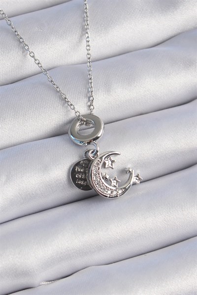 316L Çelik Gümüş Renk Zirkon Taşlı Ay Yıldız Figür Charm Model Kadın Kolye