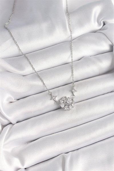 316L Çelik Gümüş Renk Zirkon Taşlı Hilal Kalp Model Kadın Kolye