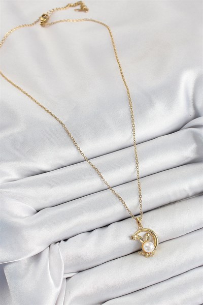 316L Çelik İnci Detaylı Hilal Tavşan Model Gold Renk Kadın Kolye