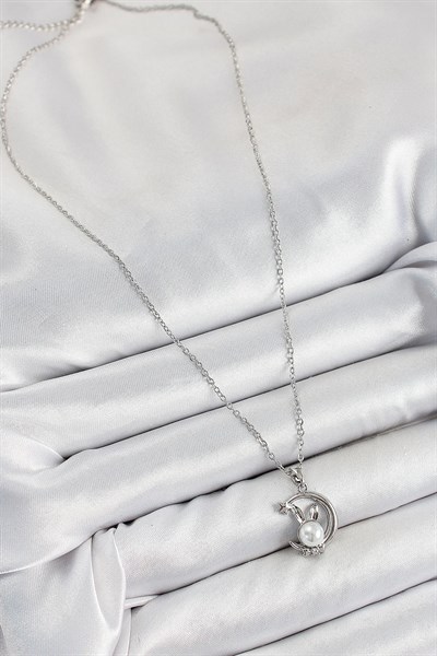 316L Çelik İnci Detaylı Hilal Tavşan Model Gümüş Renk Kadın Kolye