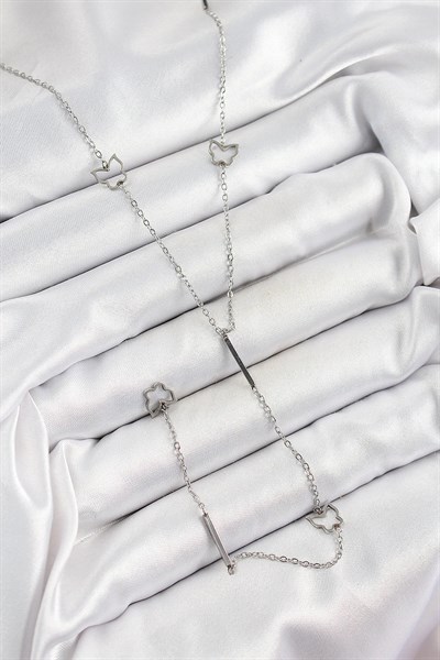 316L Çelik Kelebek Figürlü Y Model Gümüş Renk Kadın Kolye