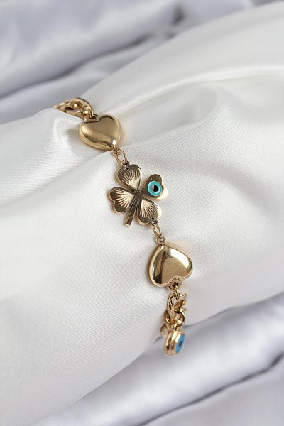 316L Çelik Nazar Boncuk Detaylı Yonca Model Gold Renk Kadın Bileklik