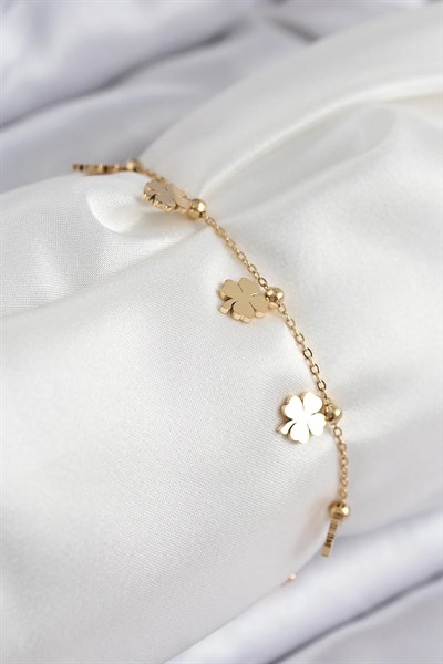 316L Çelik Sıralı Yonca Model Gold Renk Kadın Bileklik