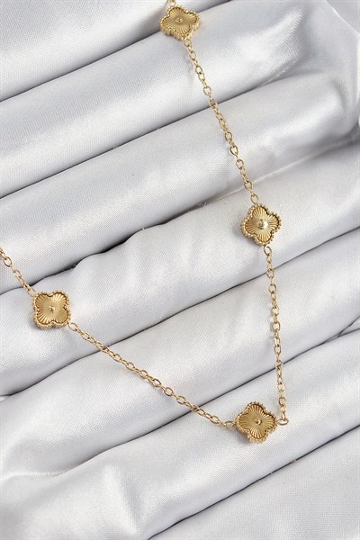 316L Çelik Yonca Model Gold Renk Kadın Kolye