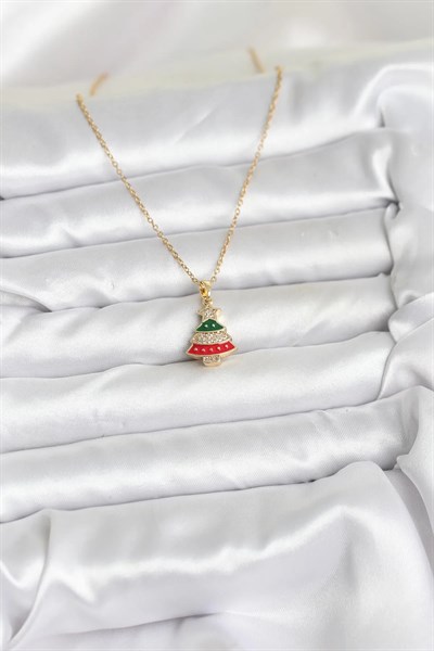 316L Çelik Zincir Gold Ren Çam Ağacı Model Zirkon Taşlı Yılbaşı Temalı Kadın Kolye