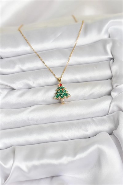 316L Çelik Zincir Gold Renk Çam Ağacı Model Yılbaşı Temalı Kadın Kolye