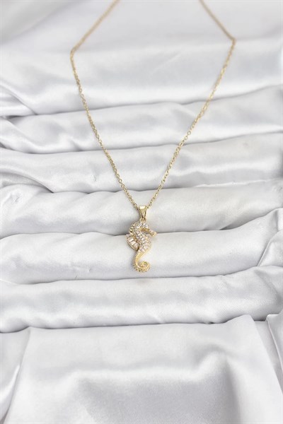 316L Çelik Zincir Gold Renk Deniz Atı Model Zirkon Taşlı Kadın Kolye
