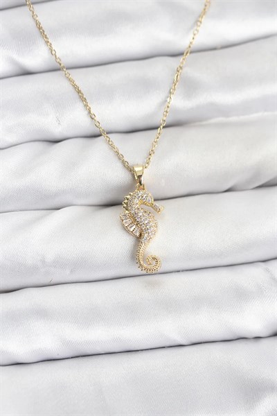 316L Çelik Zincir Gold Renk Deniz Atı Model Zirkon Taşlı Kadın Kolye