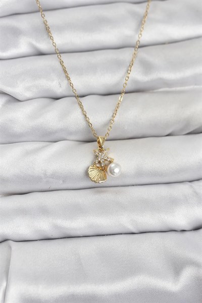 316L Çelik Zincir Gold Renk Deniz Kabuğu ve Deniz Yıldızı Model Zirkon Taşlı Kadın Kolye