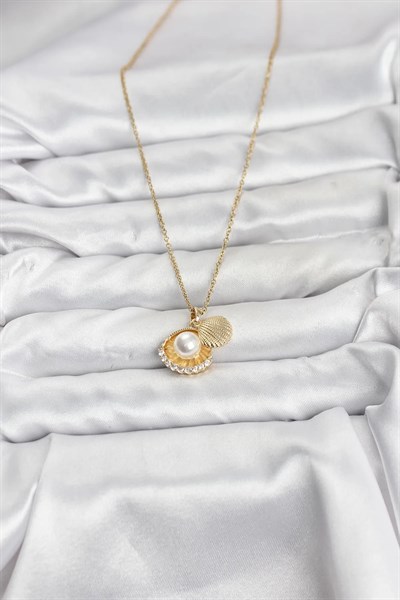 316L Çelik Zincir Gold Renk İncili Deniz Kabuğu Model Zirkon Taşlı Kadın Kolye