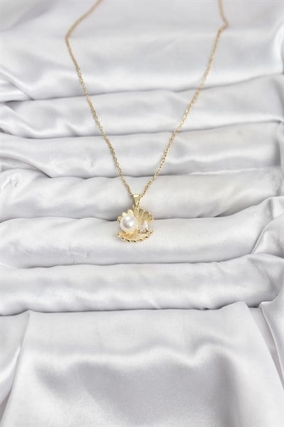 316L Çelik Zincir Gold Renk İstiridye İnci Model Zirkon Taşlı Kadın Kolye