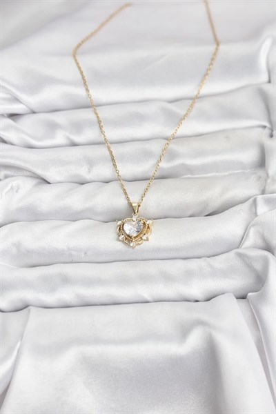 316L Çelik Zincir Gold Renk Kalp Model Zirkon Taşlı Kadın Kolye