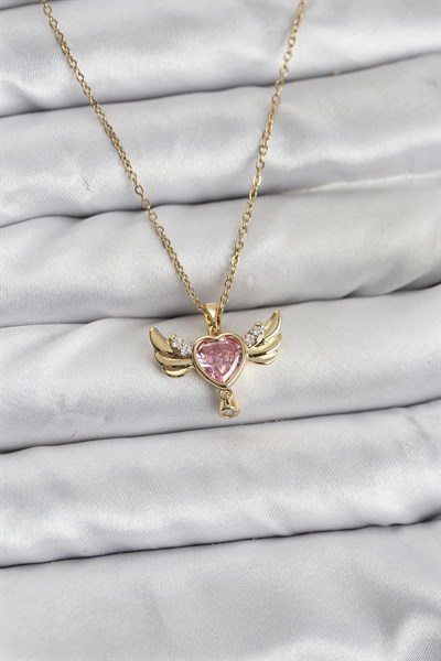 316L Çelik Zincir Gold Renk Kanatlı Kalp Model Zirkon Taşlı Kadın Kolye