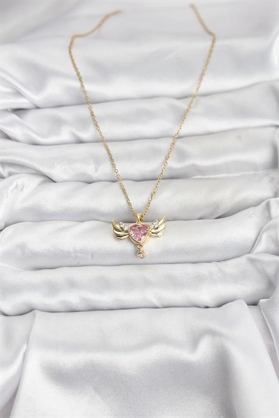 316L Çelik Zincir Gold Renk Kanatlı Kalp Model Zirkon Taşlı Kadın Kolye