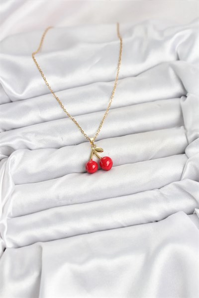 316L Çelik Zincir Gold Renk Kiraz Model Kadın Kolye