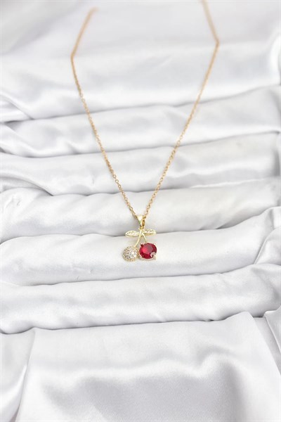 316L Çelik Zincir Gold Renk Kiraz Model Zirkon Taşlı Kadın Kolye