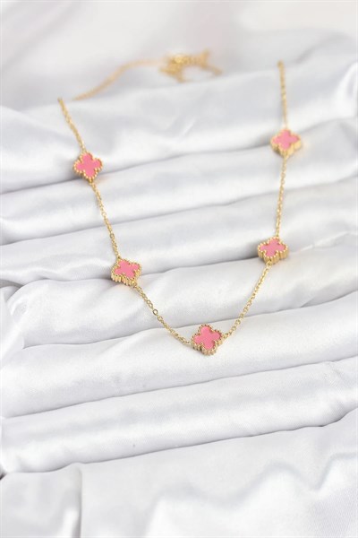 316L Çelik Zincir Gold Renk Pembe Baby Boy Yonca Kadın Kolye