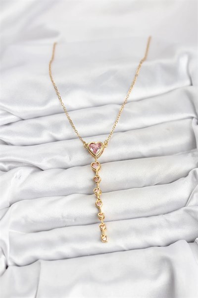 316L Çelik Zincir Gold Renk Pembe Kalp Kadın Kolye
