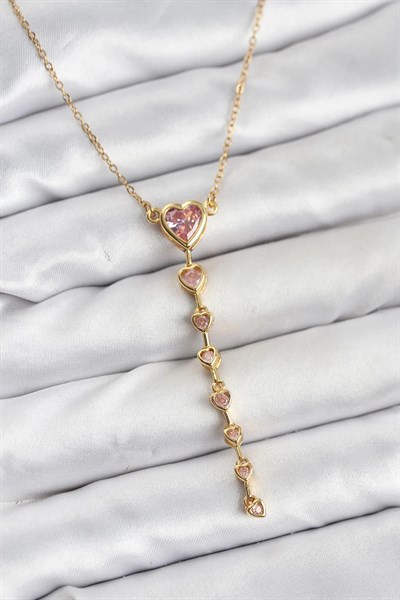 316L Çelik Zincir Gold Renk Pembe Kalp Kadın Kolye