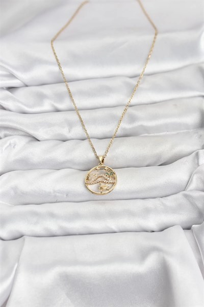 316L Çelik Zincir Gold Renk Şans Kolyesi Model Zirkon Taşlı Kadın Kolye