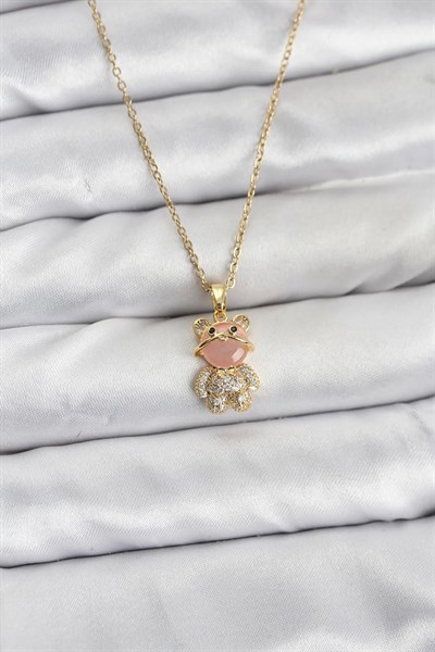316L Çelik Zincir Gold Renk Teddy Bear Model Zirkon Taşlı Kadın Kolye