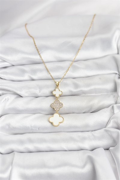 316L Çelik Zincir Gold Renk Yonca Detaylı Zirkon Taşlı Kadın Kolye