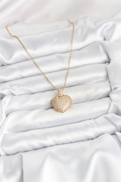 316L Çelik Zincir Gold Renk Zirkon Taşlı Kalpli Kadın Kolye
