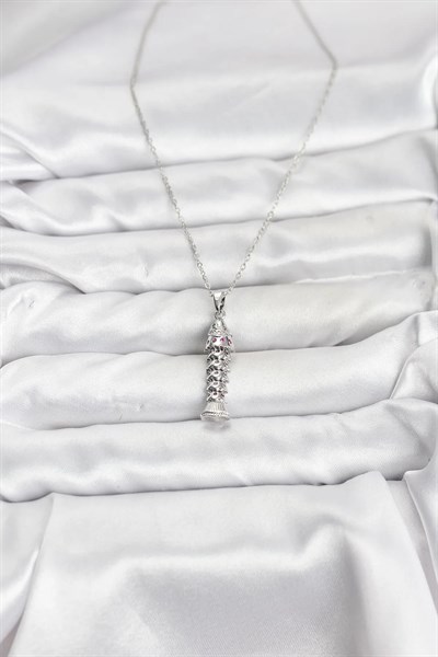 316L Çelik Zincir Gümüş Renk Balık Model Zirkon Taşlı Kadın Kolye