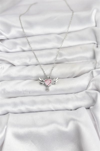 316L Çelik Zincir Gümüş Renk Kanatlı Kalp Model Zirkon Taşlı Kadın Kolye
