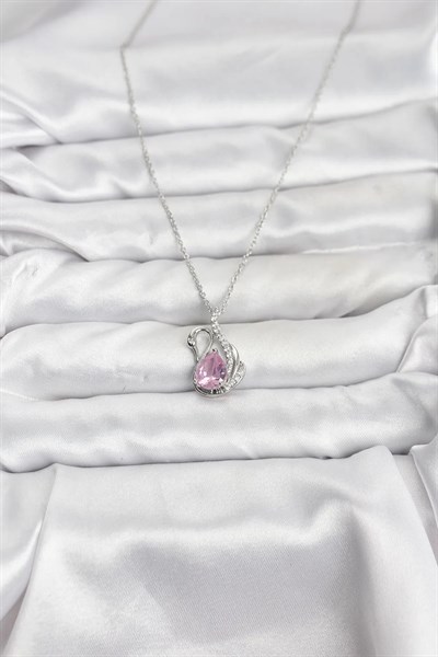 316L Çelik Zincir Gümüş Renk Pembe Kuğu Model Zirkon Taşlı Kadın Kolye