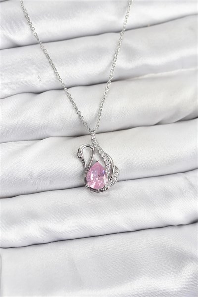 316L Çelik Zincir Gümüş Renk Pembe Kuğu Model Zirkon Taşlı Kadın Kolye