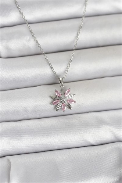 316L Çelik Zincir Gümüş Renk Pembe Papatya Model Kadın Kolye