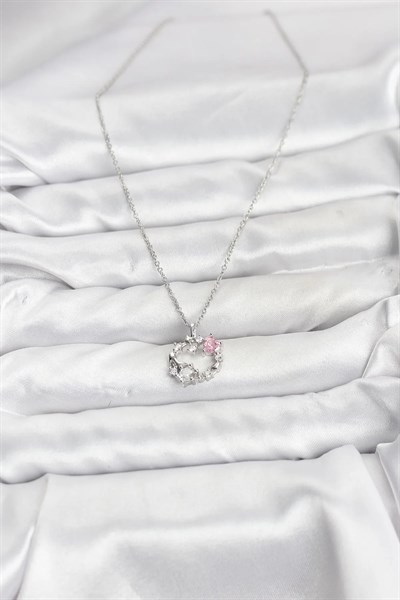 316L Çelik Zincir Gümüş Renk Pembe Taş Detaylı Çelenk Model Kadın Kolye