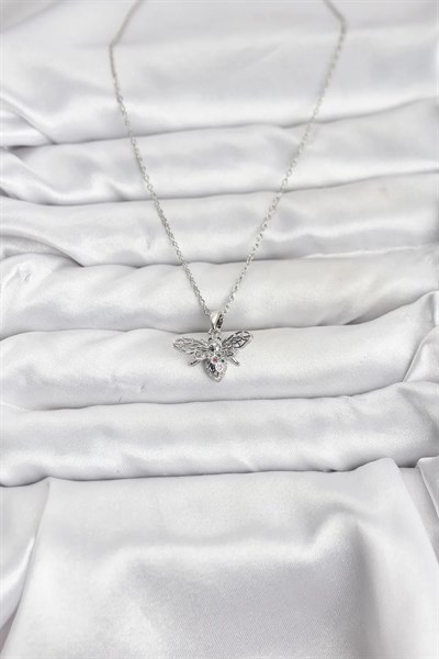 316L Çelik Zincir Gümüş Renk Sinek Model Zirkon Taşlı Kadın Kolye