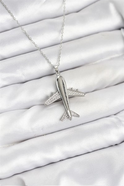 316L Çelik Zincir Gümüş Renk Uçak Model Kadın Kolye
