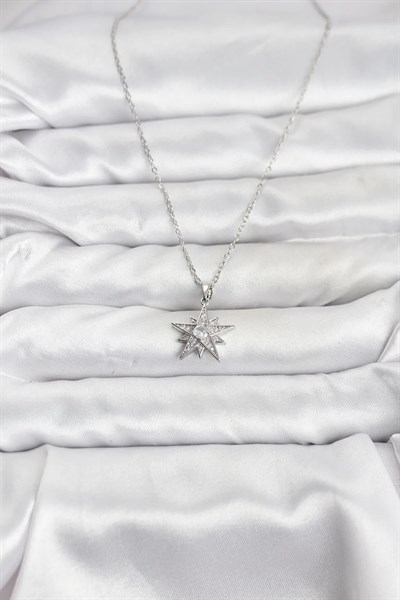 316L Çelik Zincir Gümüş Renk Yıldız Model Zirkon Taşlı Kadın Kolye