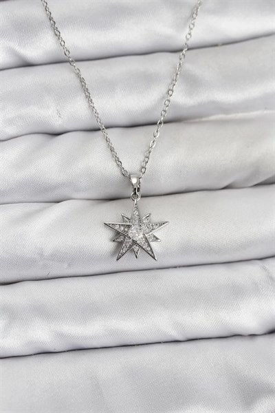 316L Çelik Zincir Gümüş Renk Yıldız Model Zirkon Taşlı Kadın Kolye