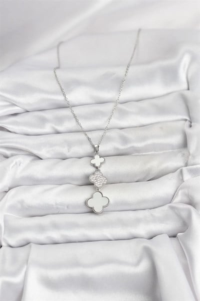 316L Çelik Zincir Gümüş Renk Yonca Detaylı Zirkon Taşlı Kadın Kolye