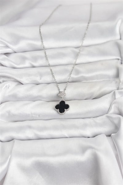 316L Çelik Zincir Gümüş Renk Yonca Model Zirkon Taşlı Kadın Kolye