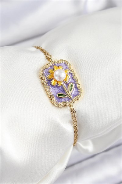 316L Çelik Zincir Mor Mineli Sanatsal Portre İnci Detaylı Papatya Model Gold Renk Kadın Bileklik