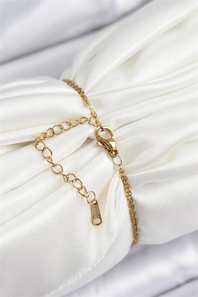 316L Çelik Zincir Pembe Mineli Sanatsal Portre İnci Detaylı Çiçek Model Gold Renk Kadın Bileklik