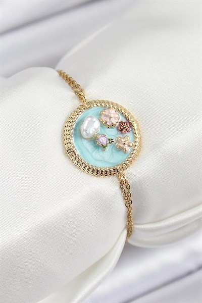 316L Çelik Zincir Turkuaz Mineli Sanatsal Portre İnci Detaylı Çiçek Model Gold Renk Kadın Bileklik