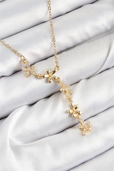 316L Çelik Zirkon Taşlı Çiçek Model Gold Renk Kadın Kolye