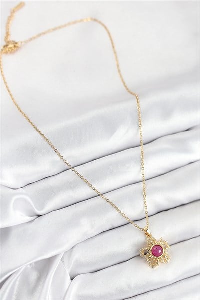 316L Çelik Zirkon Taşlı Döner Güneş Model Gold Renk Kadın Kolye