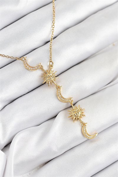 316L Çelik Zirkon Taşlı Güneş Ve Ay Model Gold Renk Kadın Kolye