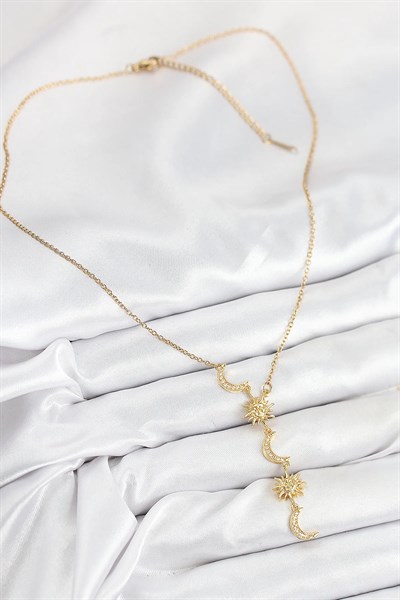 316L Çelik Zirkon Taşlı Güneş Ve Ay Model Gold Renk Kadın Kolye