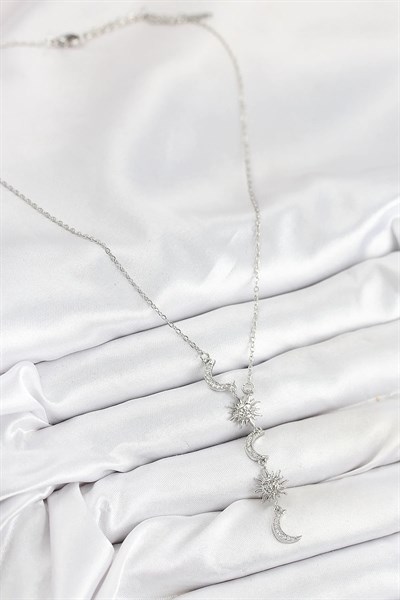 316L Çelik Zirkon Taşlı Güneş Ve Ay Model Gümüş Renk Kadın Kolye