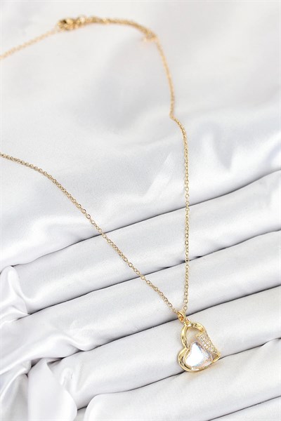 316L Çelik Zirkon Taşlı Kalp Model Gold Renk Kadın Kolye