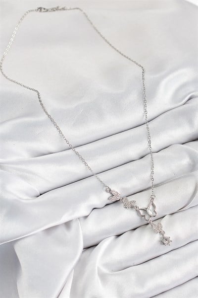 316L Çelik Zirkon Taşlı Kelebek Model Gümüş Renk Kadın Kolye