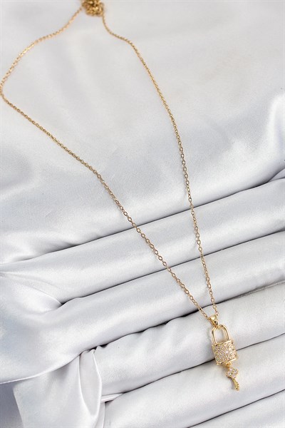 316L Çelik Zirkon Taşlı Kilit Ve Sallantılı Anahtar Model Gold Renk Kadın Kolye